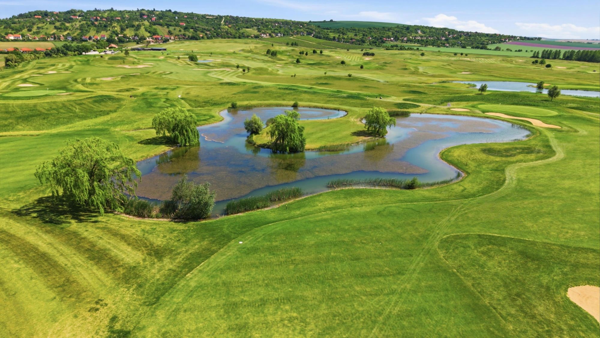 Letecký záber golfového ihriska s jazierkom a vŕbami